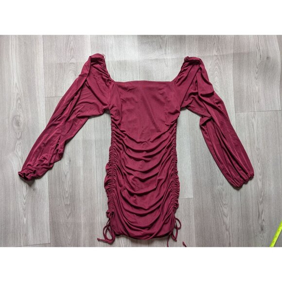 Ruched Long Sleeve Burgundy Mini Dress By Le Lis Square Neck Adjustable Sides M - Picture 5 of 8